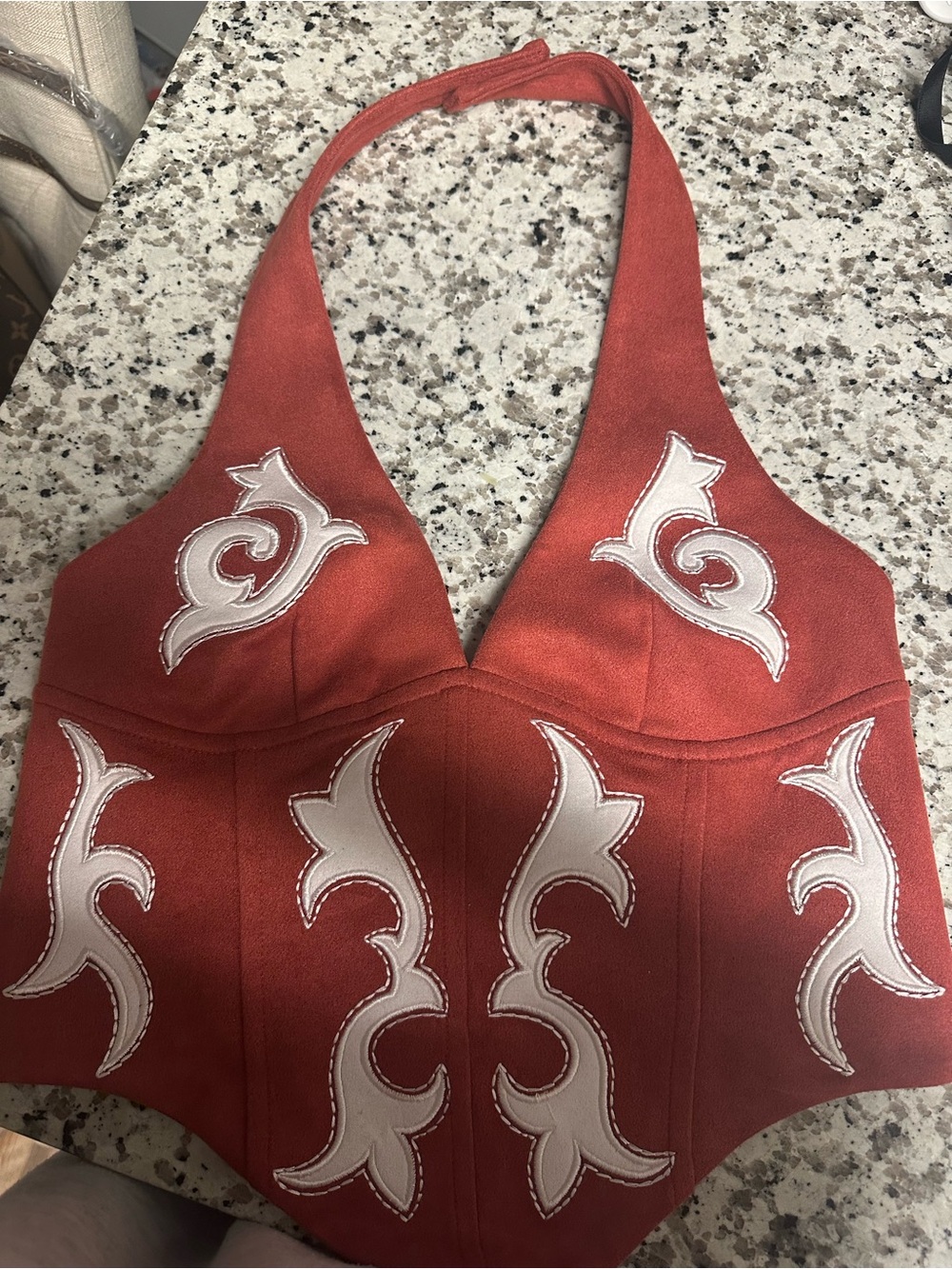 Lucky & Blessed Rust Red Halter Crop Top with Cream Appliqué